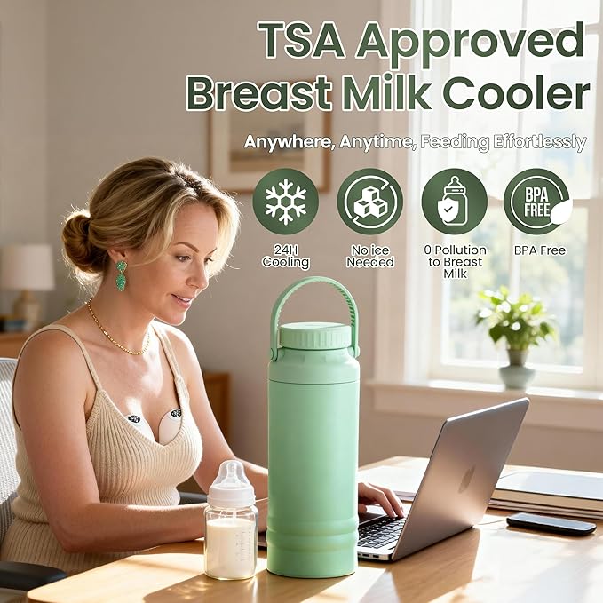 22oz Breast Milk Cooler Bottle, 360° Cooling for 24 Hours, Portable Breastmilk Chiller with 2 Bottles, TSA Approved, Safe for Baby Bottle Sterilizer