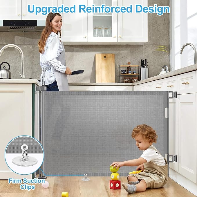 71 inch Retractable Baby Gates, EZIGO Extra Wide Baby Gate for Large Opening Extra Long Mesh Gate for Kids or Pet Dog Gate Child Safety Gate for Stairs Hallways Doorway Indoor Outdoor, Gray