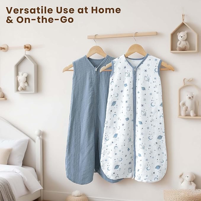 Konssy Muslin Baby Sleep Sack 6-12 Months 0.8 TOG, 2 Pack 100% Cotton Wearable Blanket for Babies, 2-Way Zipper Breathable Sleeping Sack Infant Toddler Essentials for Girls and Boys (Star, Blue)