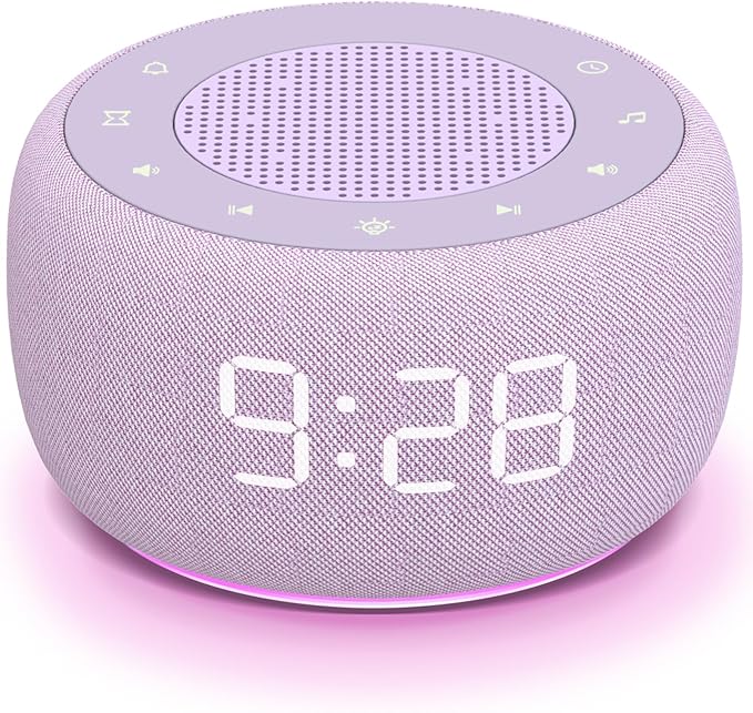 Buffbee Sound Machine & Alarm Clock 2-in-1, 0-100% Clock Face Brightness, Bottom Colored Light, Sleep Timer, Precise 30-Level Volume White Noise Machine, Digital Alarm Clocks for Bedrooms - Purple