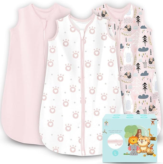 Cute Castle Baby Sleep Sack 12-18 Months - Lightweight 100% Cotton 2-Way Zipper TOG 0.5 Infant Wearable Blanket, Newborn Essentials Toddler Sleep Clothes, 3 Pack(Pink, Bear, Bear Claw)