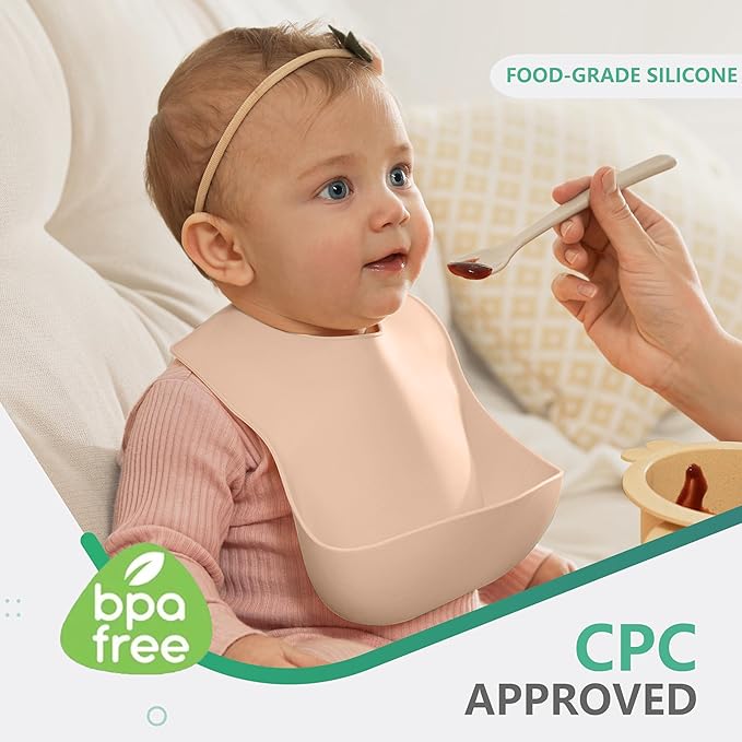 Cuddle Campus Set of 3 Silicone Bibs for Babies & Toddlers,Soft Adjustable Bibs with Pocket Food Catcher for Baby Girl,Boy