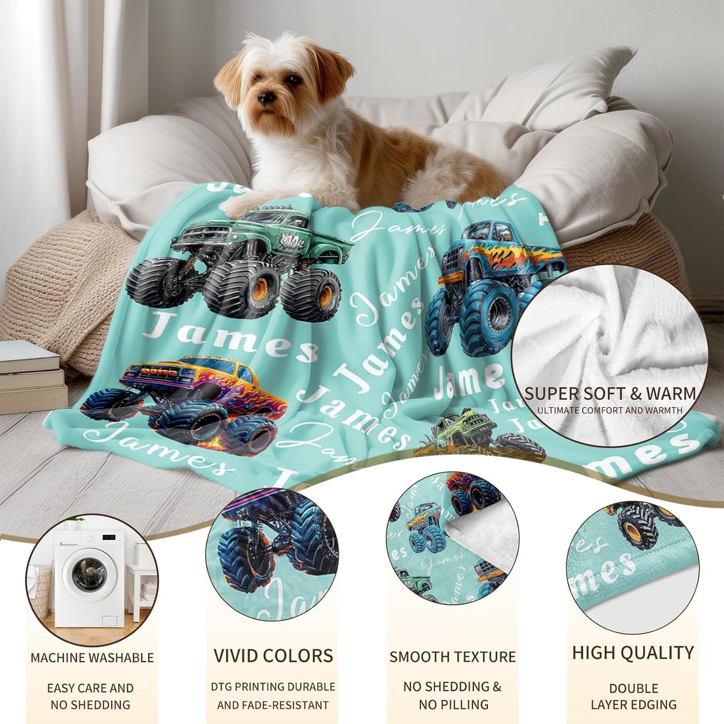 Ship Next Day, Personalized Truck Blanket - Printed in USA, Custom Name Blankets for Kids with Big Off Road Auto Vehicle Graphic, Home Bedding Decor, Fun Birthday Gift for Boys&Girls Women Man