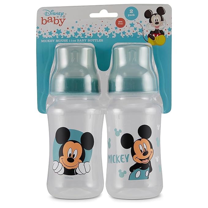 Disney Mickey Mouse Baby Bottles 11 oz for Boys or Girls | 2 Pack of Infant Hourglass Shaped Bottles with Cover for Newborns and All Babies | BPA-Free Plastic Baby Bottle for Baby Shower