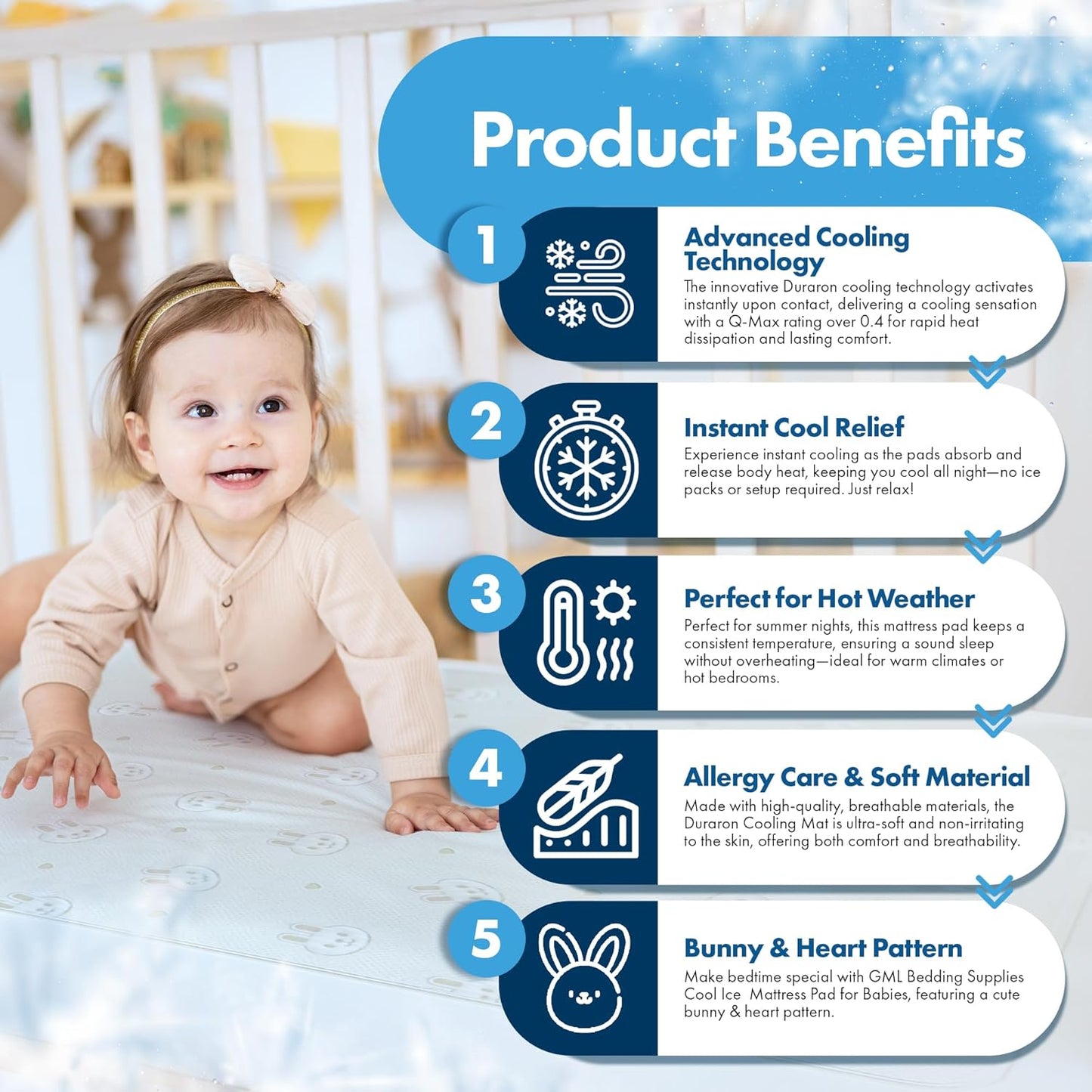 GML Bunny Cooling Crib Mattress Pad – Waterproof, Breathable Baby Mattress Protector for Toddler Bed – Hypoallergenic, Soft & Durable for Sensitive Skin – Made in Korea, Q-Max 0.4 Small Size, 27.5x47