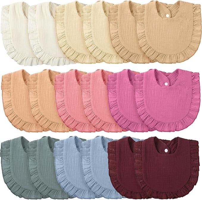 Kenning 18 Pcs Muslin Drool Baby Bibs Baby Girl Ruffle Bibs Absorbent Cotton with Snap Button for Boys Girls