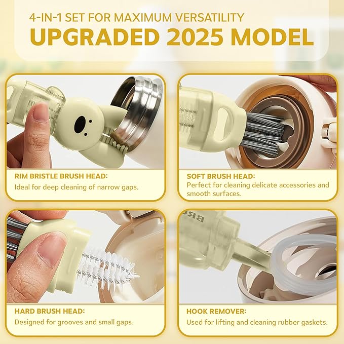 Cup Lid Cleaning Brush, Multifunctional Set with 3 in 1 Lid Cleaner and Two 4 in 1 Cup Lid Cleaning Brushes, Cleaning Brush Tool for Bottles, Straws, Tumblers, Travel Mug Caps, Portable Kit (Yellow)