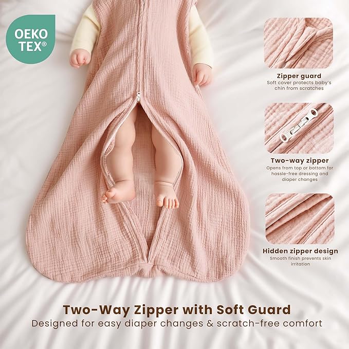 Konssy Muslin Baby Sleep Sack 6-12 Months 0.8 TOG, 2 Pack 100% Cotton Wearable Blanket for Babies, 2-Way Zipper Breathable Sleeping Sack Infant Toddler Essentials for Girls and Boys (Blossom, Pink)