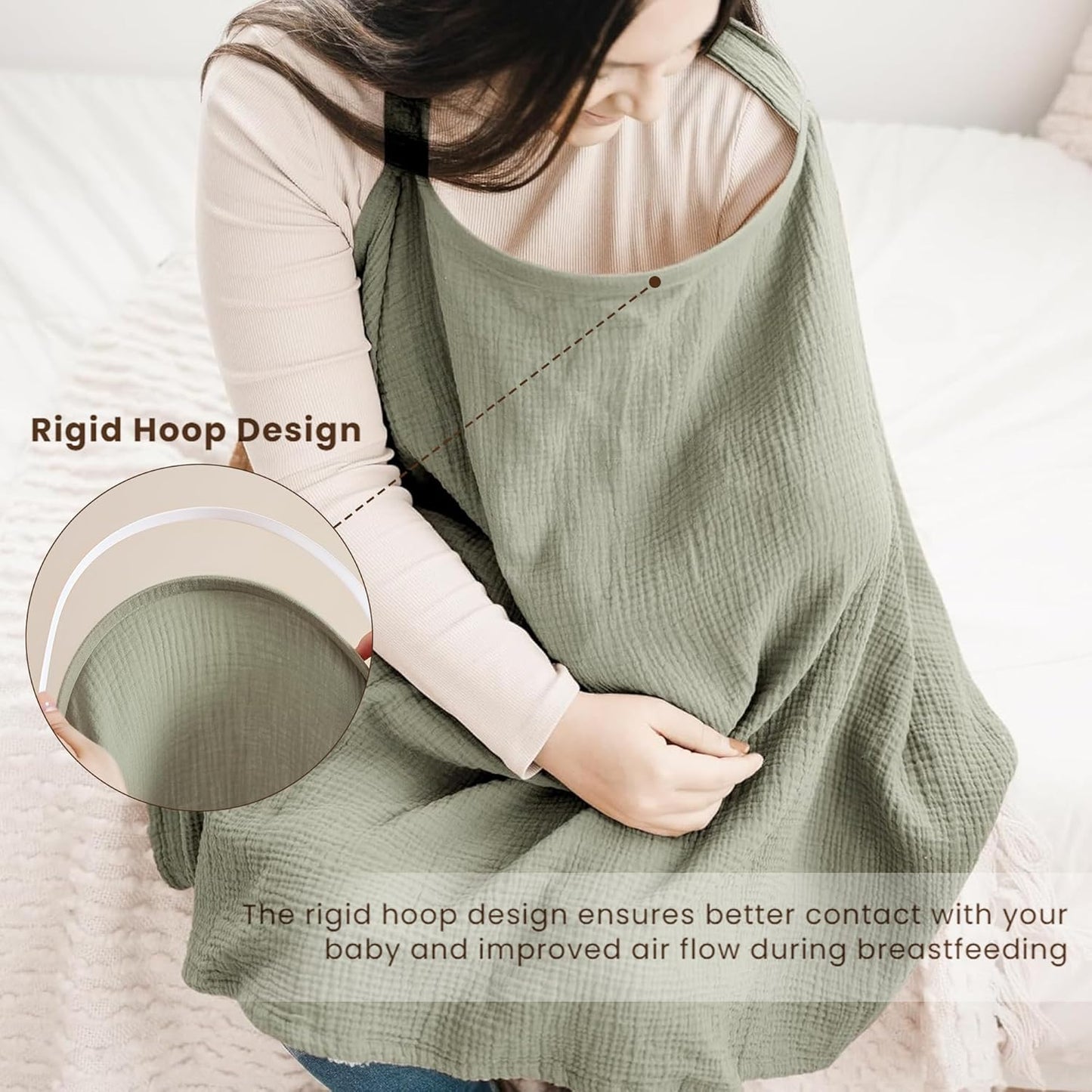 Konssy Muslin Nursing Cover for Baby Breastfeeding, Breathable 100% Cotton Breastfeeding Cover with Rigid Hoop for Mother Nursing Apron, Multi-use Carseat Canopy (Fog Green)