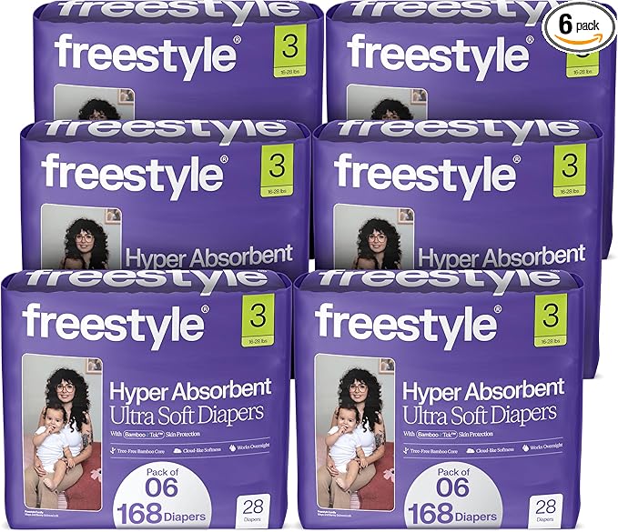 Freestyle BambooTek Diapers – (Size 3) Hyper Absorbent & Non-Toxic – Disposable Diapers for Sensitive Skin – Ultra Soft Diapers (16-28 lbs) – 168 Count