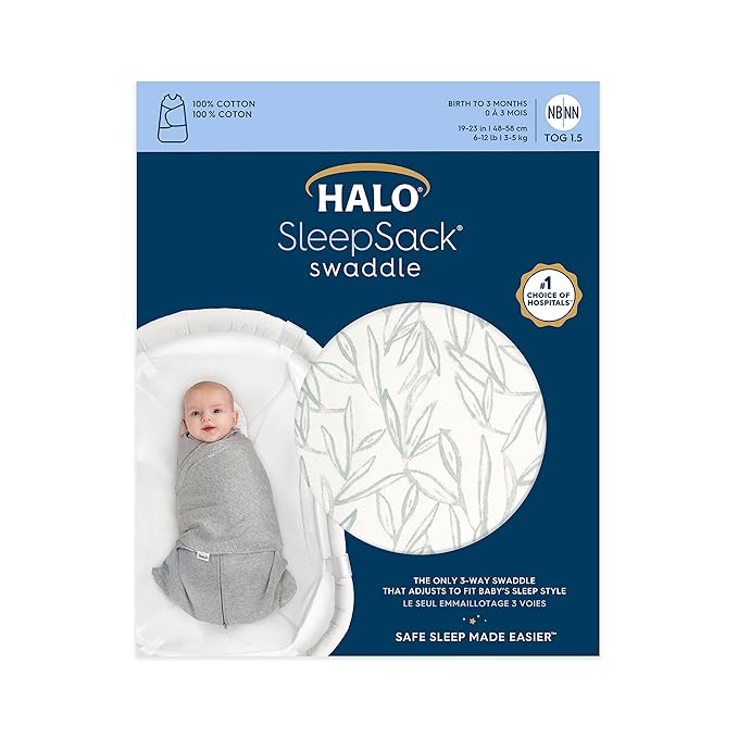HALO 100% Cotton Sleepsack Swaddle, 3-Way Adjustable Wearable Blanket, TOG 1.5, Leaves, Small, 3-6 Months