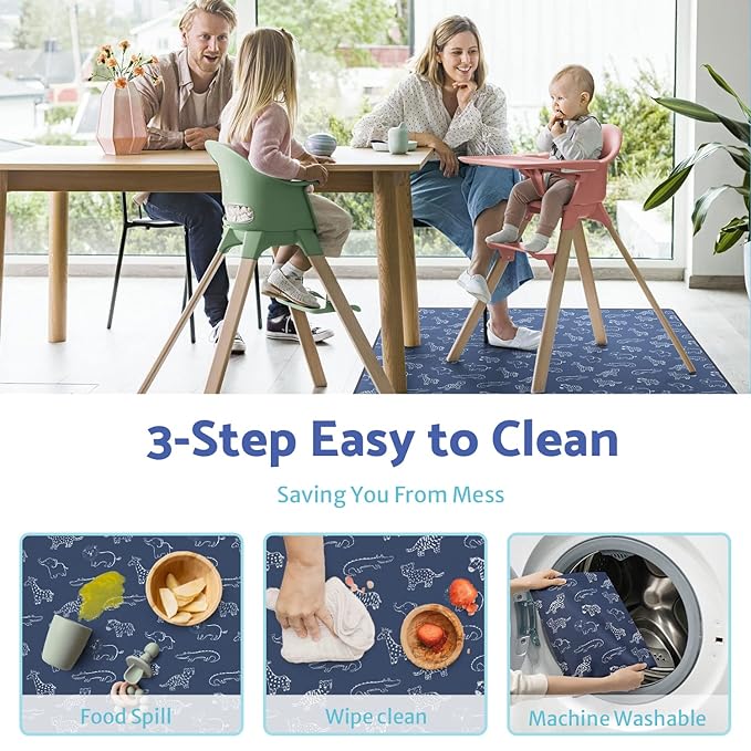 Blissful Diary Baby Splat Mat for Under High Chair, 50.4 x 50.4 Inch Wipeable Splash Mat, Waterproof and Washable, Anti-Slip Floor Protector, Safari Animals