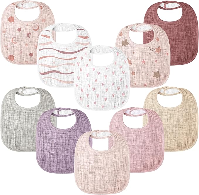 100% Cotton Muslin Baby Bibs 10-Pack Baby Drool Bibs for Unisex Baby Toddlers Infant Newborns Drooling and Teething