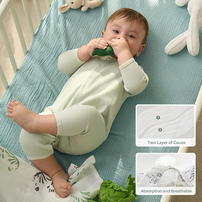 Momcozy Muslin Mini Crib Sheets Fitted - 38''x26'' Pack and Play Sheets for Pack N Play Mattress, 2 Pack Soft & Breathable Natural Cotton Non Slip Bed Cover for Boys, Girls, Bravery Zebra