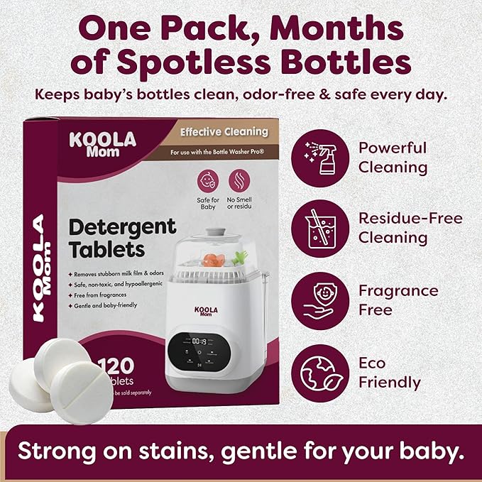 KOOLAMom Baby Bottle Washer Detergent Tablets For Momcozy Baby Breeza & All Bottle Washers - Removes Milk Film & Odor - Non-Toxic, Fragrance-Free Cleaner for Bottles & Pump Parts - 120 Count