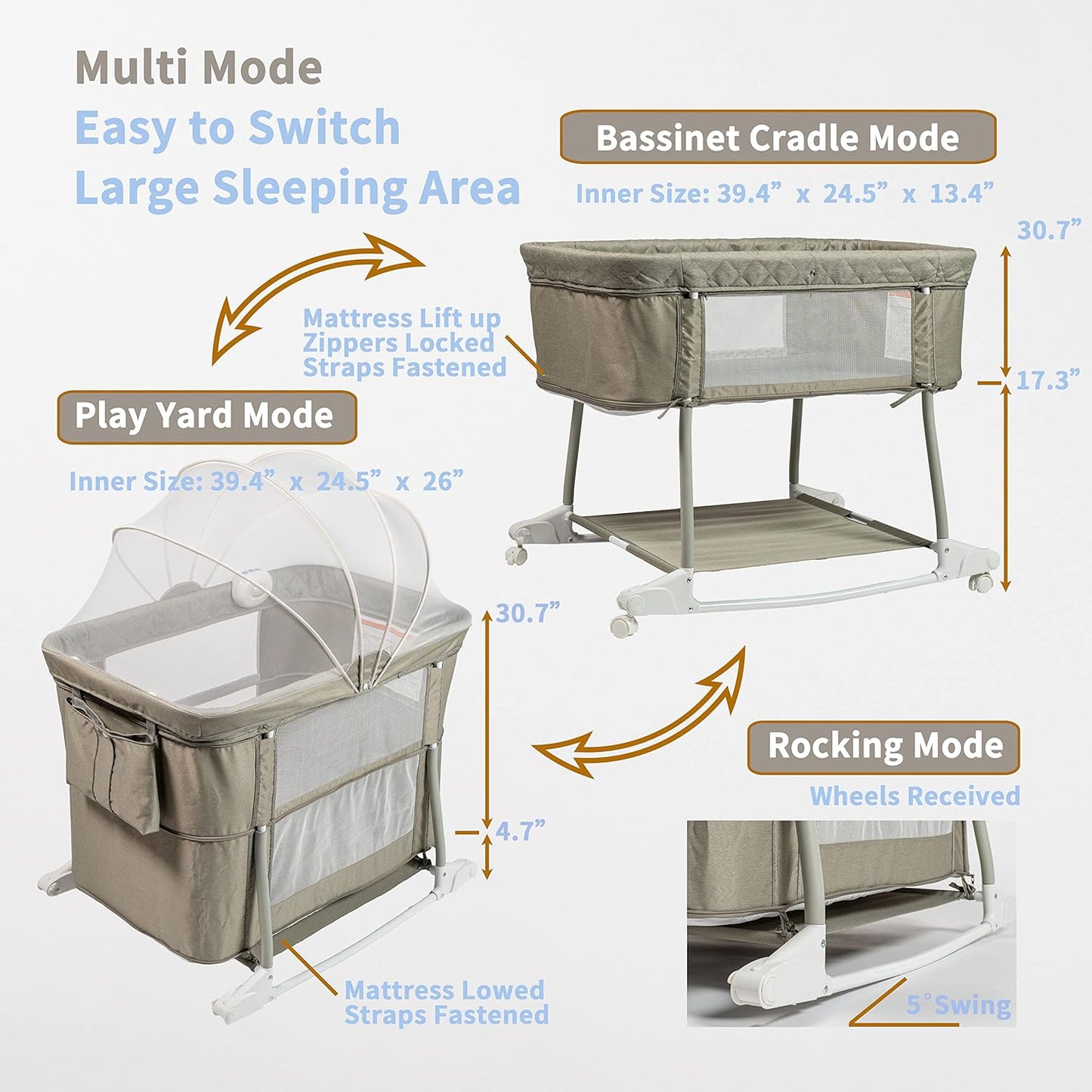 Newborn Portable Bassinet on Wheels for Baby 3 in 1 Bedside Sleeper Rocking Crib Playard with Breathable Mesh Cover Detachable Mosquito Net and Music Box Multi Mode(Light Grey)