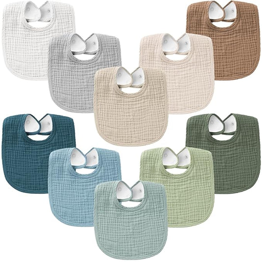 Konssy 10-Pack Muslin Baby Bibs, Soft Cotton Bandana Bibs for Drooling & Teething, Unisex Solid Colors for Boys & Girls, Newborn & Infant