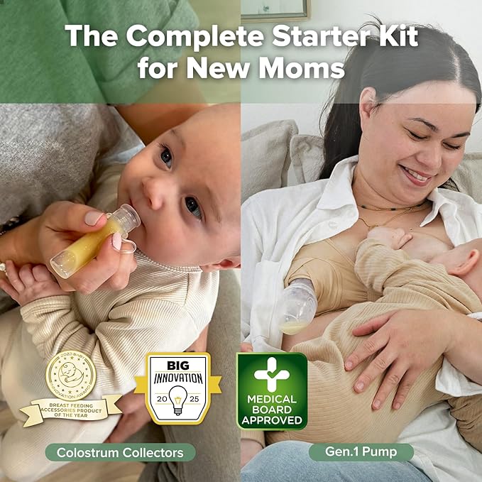 haakaa Gen.1 Manual Breast Pump 100ml/4oz. & 4ml Colostrum Collectors (6pcs) Combo - Liquid Gold Collection Set, Flexible & Soft Silicone Breast Milk Collector with Ready-to-use Colostrum Syringe