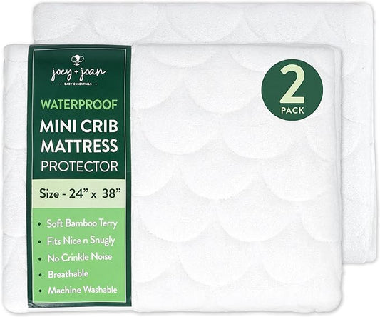Joey + Joan Waterproof Mini Crib Mattress Protector – 2 Pack, 24" x 38" Quilted Ultra Soft Bamboo Viscose Terry Mini Crib Mattress Pad Cover – Noiseless & Breathable