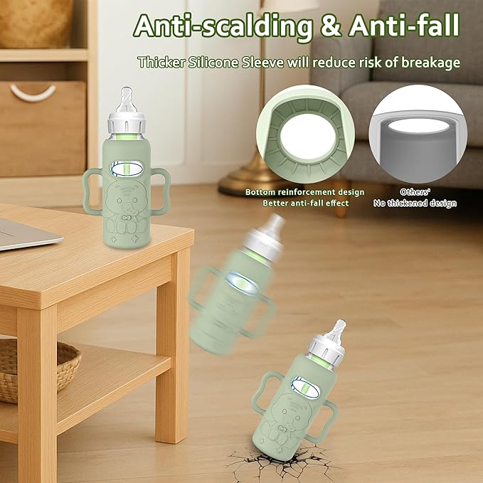 KingKam 4 Pack Silicone Sleeves for Dr. Brown's Glass Baby Bottles, Drop Protection Easy-Grip Baby Bottle Sleeves Holder with Handles, Compatible with Dr. Brown's Narrow Glass Bottles 8oz