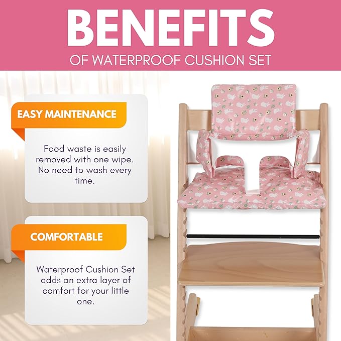 Waterproof & Compatible Stokke Tripp Trapp Cushion Set - Easy to Clean Stokke Tripp Trapp Newborn Set - 100% Cotton Stokke High Chair Cushion Set (Pink Bunny / 49.5 Counts)
