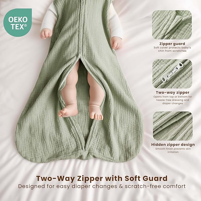 Konssy Muslin Baby Sleep Sack 0-6 Months 0.8 TOG, 2 Pack 100% Cotton Wearable Blanket for Babies, 2-Way Zipper Breathable Sleeping Sack Infant Toddler Essentials for Girls and Boys (Woodland,Sage)
