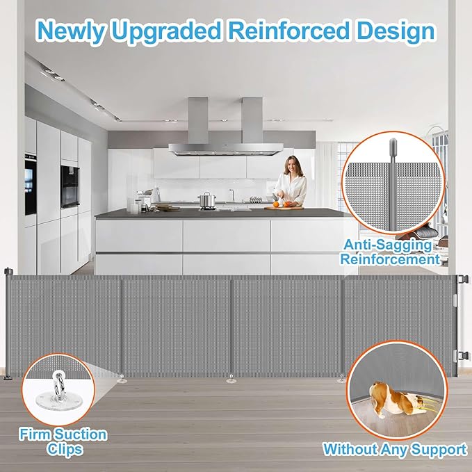 Upgrade 180 inch Retractable Baby Gates, EZIGO Extra Wide Baby Gate for Large Opening Extra Long Mesh Gate for Kids or Pet Dog Gate Child Safety Gate for Stairs Hallways Doorway Indoor Outdoor, Gray