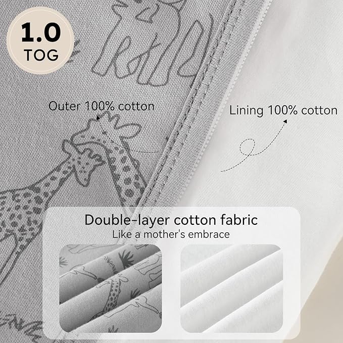 Baby Sleep Sack 12-18 Months 1.0 Tog Baby Wearable Blanket 100% Cotton Sleeping Sack with 2-Way Zipper for Toddler Infant Apricot & Gray Elephant