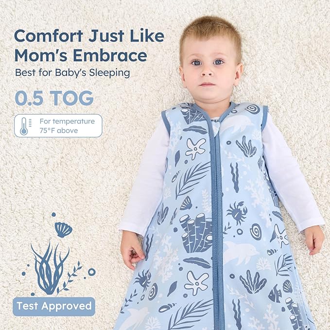 Baby Sleep Sack 6-12 Months 100% Cotton Lightweight 0.5 TOG Wearable Blanket Baby Sleep Bag with 2-Way Zipper for Newborn Infant Blue Dolphin