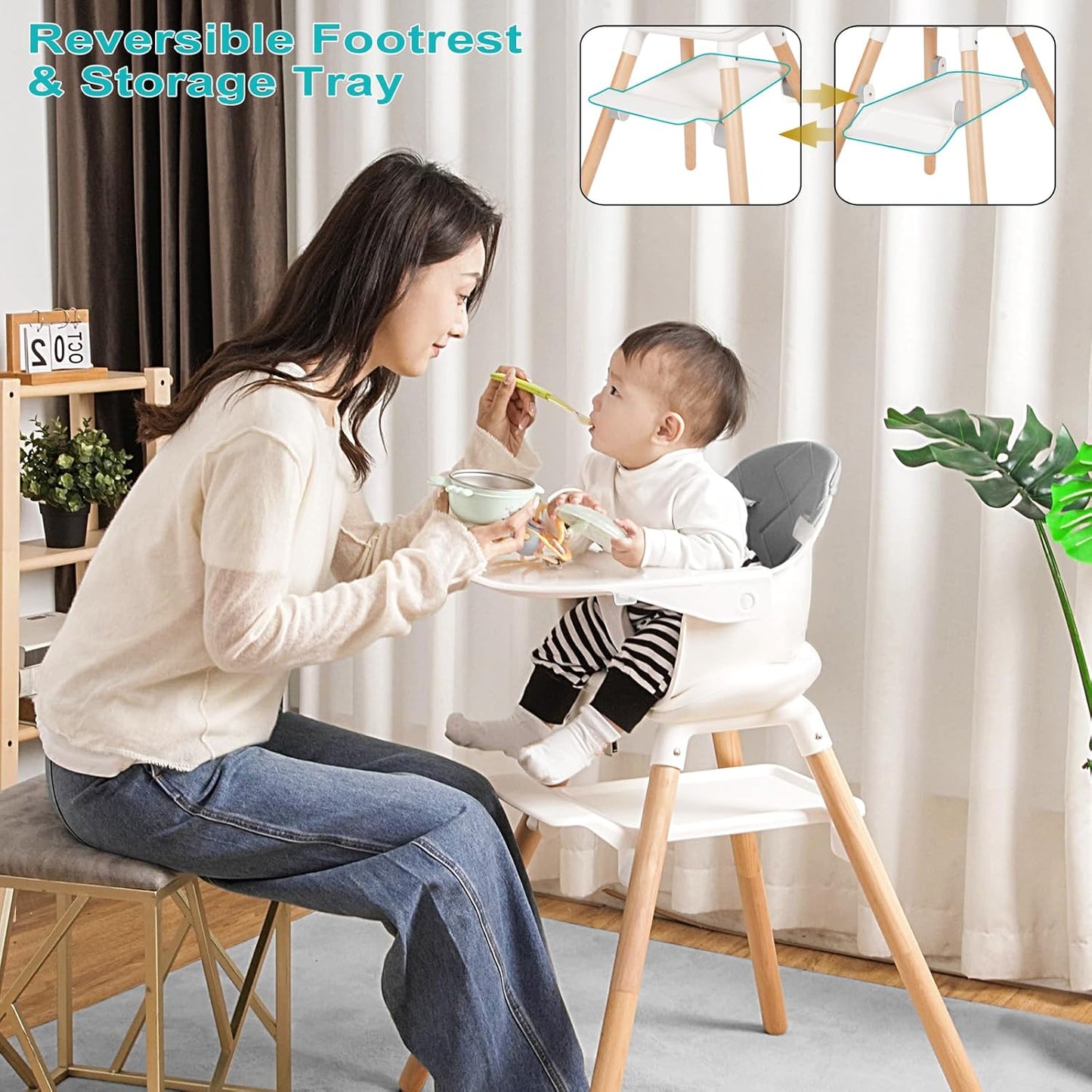 Baby High Chair, 6 in 1 Wooden Convertible High Chairs for Babies and Toddlers, Booster Seat with Double Tray & Reversible Footrest Baby Highchair, 5-Point Harness Baby Feeding Chair, Grey