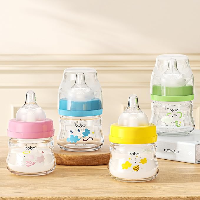 YOHKOH Glass Baby Bottles with Slow Flow Nipple, Newborn Anti-Colic Baby Bottles for 0+ Months, Wide Neck Feeding Bottle, Clear (Blue, 2.7oz (Pack of 2))