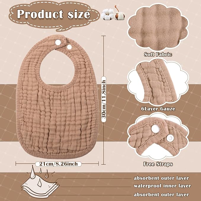 Frienda 8 Pcs Muslin Baby Bibs Cotton Bandana Drool Bibs Bulk for Newborn Infant 6 Absorbent Layers Feeding Accessory