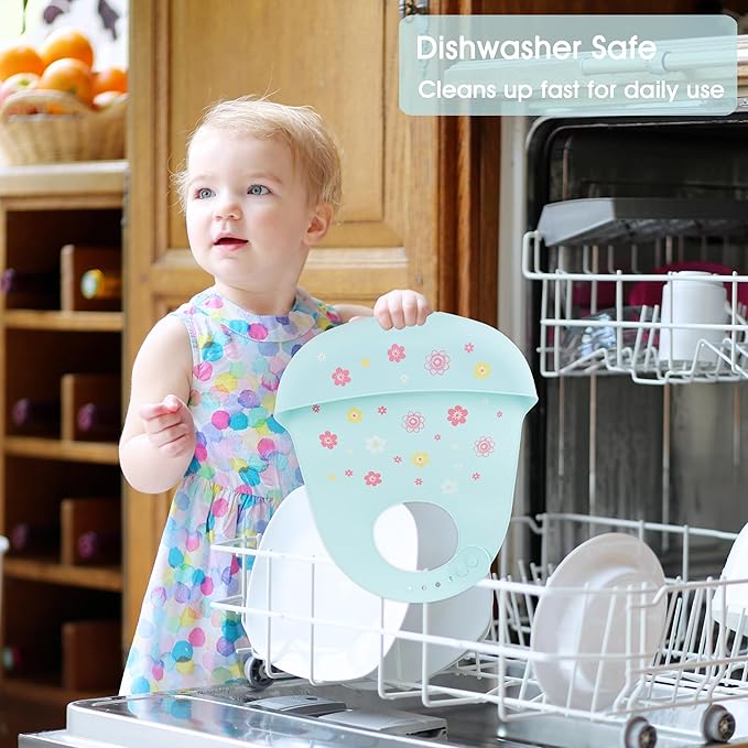 2 Pack Silicone Baby Bibs Adjustable Fit Waterproof Bib With Leak Proof Food Pouch Catcher for Eating Boys Girls