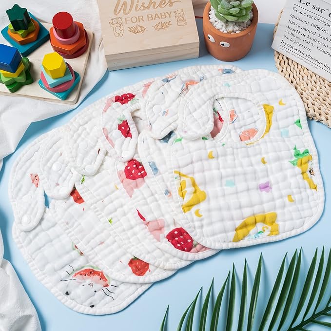Zainpe 6Pcs Snap Muslin Cotton Baby Bibs Strawberry Lemon Avocado Pattern Infants Feeding Bib Adjustable Machine Washable Unisex Burp Cloths with 6 Absorbent & Soft Layers for Drooling and Teething