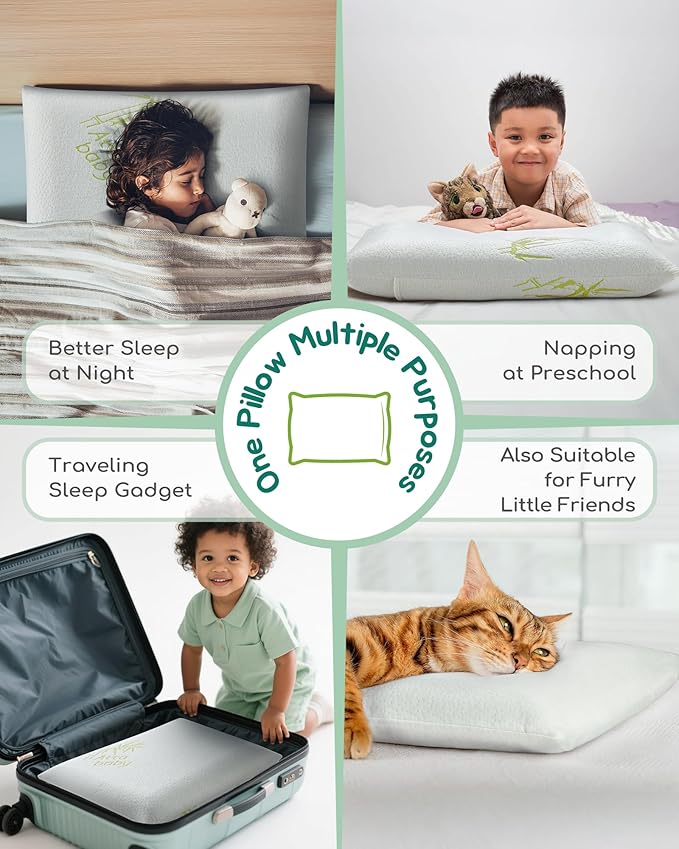 Toddler Pillow, Adjustable Memory Foam Small Pillow for Toddler 2 Years & Above, 13” x 18” Mini Size for Kid Sleeping, Napping or Traveling, Washable No Zipper Pillowcase, Green