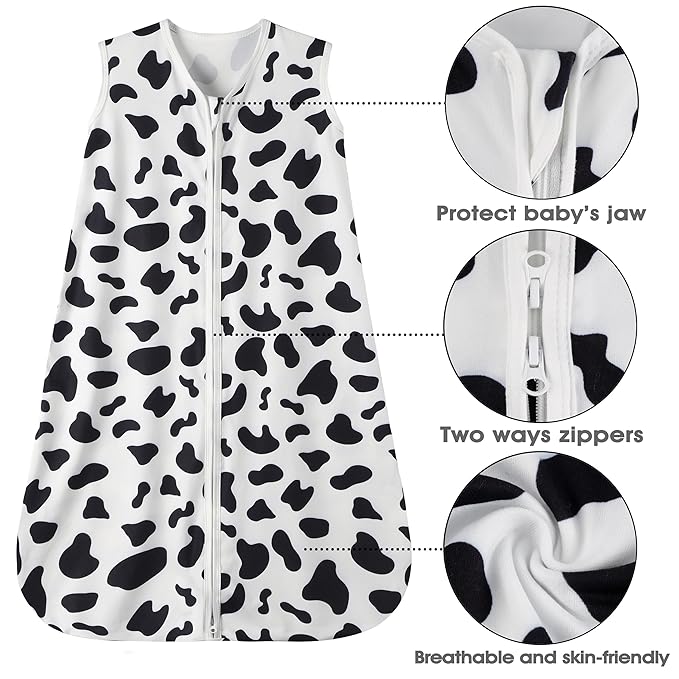 Baby Sleep Sack 18-24 Months Baby Wearable Blanket 100% Rayon Cotton 2-Way Zipper Toddler Sleeping Sack，Comfy Soft Lightweight TOG 0.3（Cow Print）