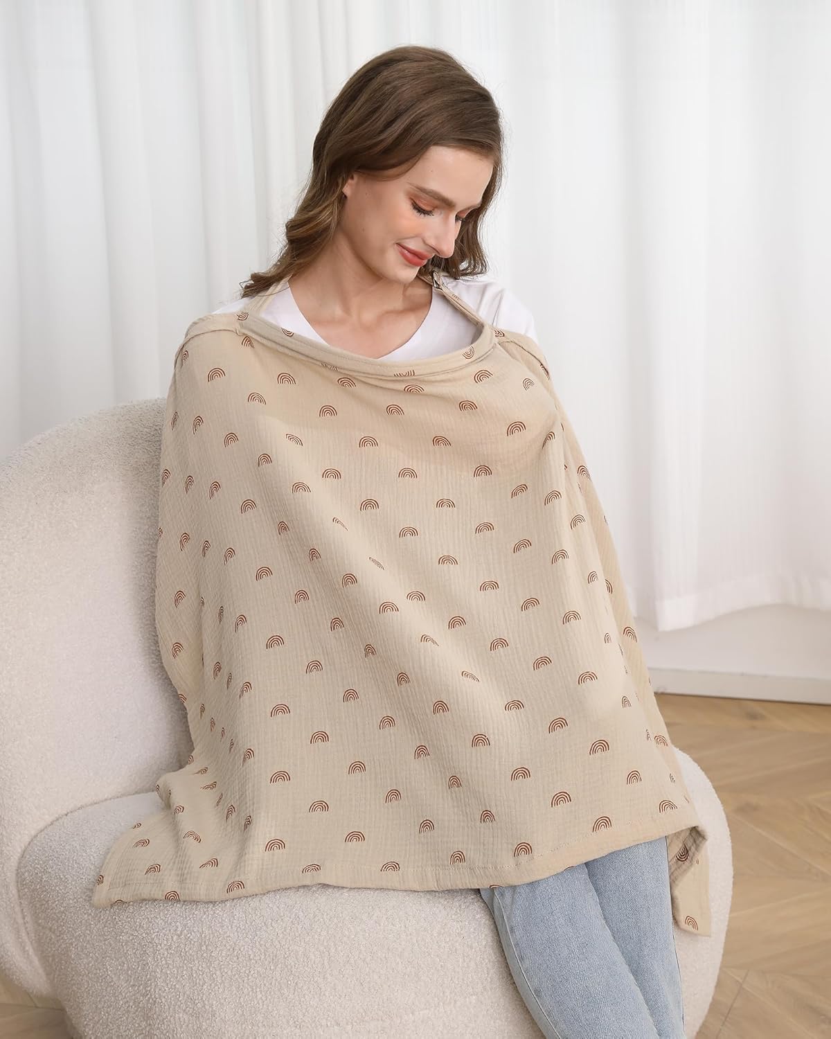 Muslin Nursing Cover for Baby Breastfeeding, Breathable 100% Cotton Breastfeeding Cover with Rigid Hoop for Mother Nursing Apron (Ivory Rainbow)