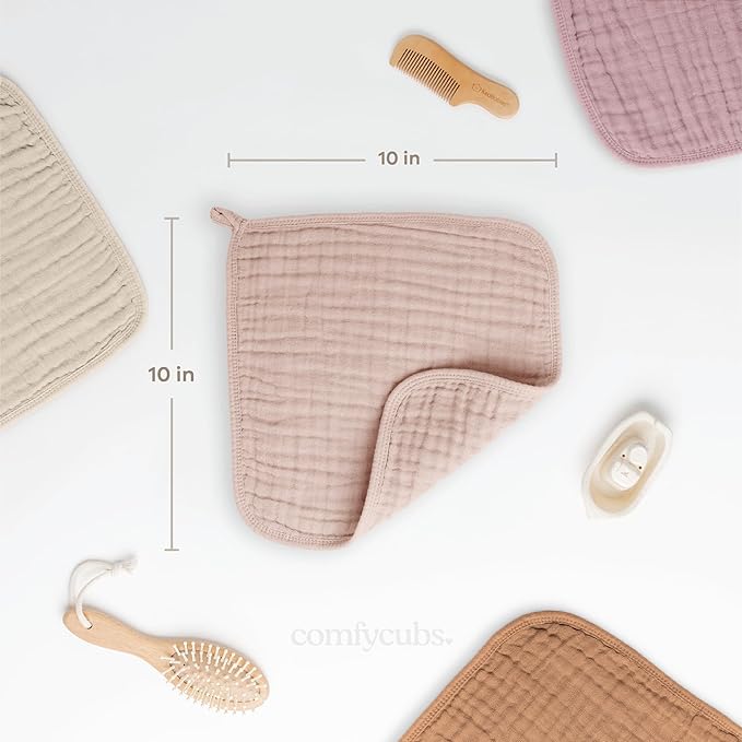 Comfy Cubs Muslin Baby Washcloths 10 Pack - Soft 6-Layer Cotton Wash Cloths for Sensitive Skin - 10"x10" Large, Gentle, Absorbent Infant Essentials for Newborn and Toddlers - Blush
