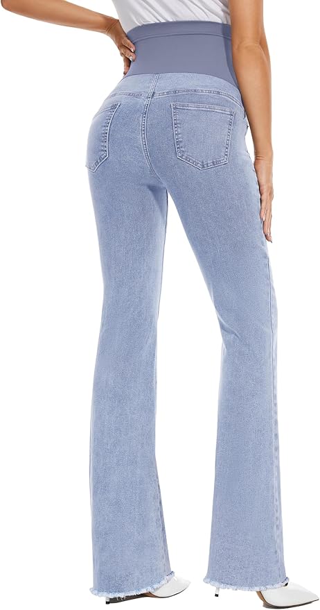 GLAMIX Women's Stretch Maternity Bootcut Jeans with Pockets Over The Belly Bell Bottoms Flare Denim Pants Pregnancy Clothes