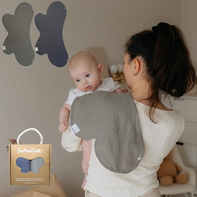 Butterfly Cotton Muslin Burp Cloths 3-Layer, Extra-Large 26”x12” Water-Resistant Multi-Use Burp Cloth Convertible to Bib, 2 Pack, Soft & Absorbent (Pack of 2, Herb & Cotton/Blue & Stone)