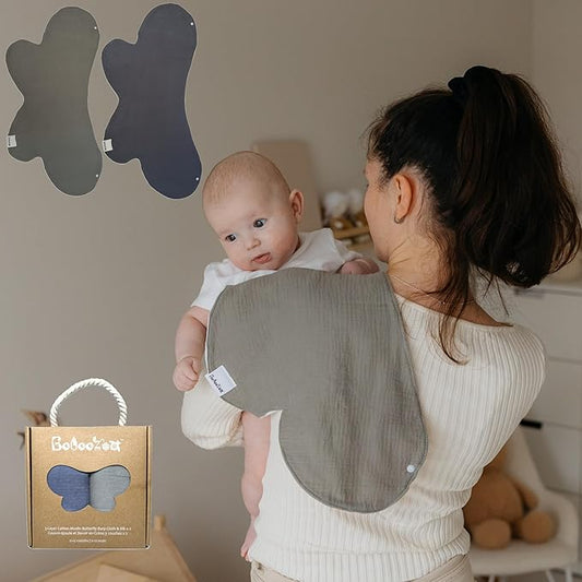 Butterfly Cotton Muslin Burp Cloths 3-Layer, Extra-Large 26”x12” Water-Resistant Multi-Use Burp Cloth Convertible to Bib, 2 Pack, Soft & Absorbent (Pack of 2, Herb & Cotton/Blue & Stone)