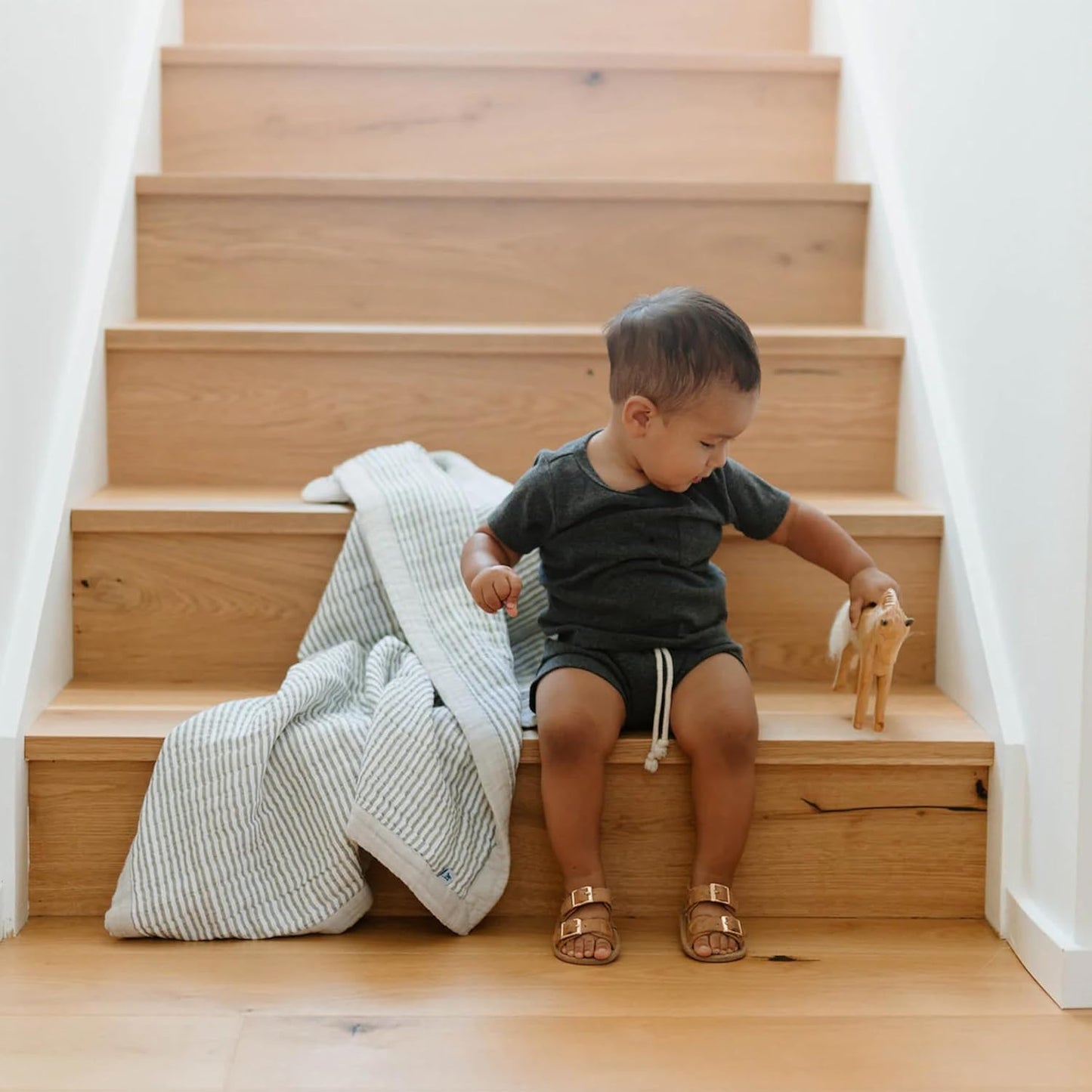 Little Unicorn Newborn Receiving Quilt | Ultra- Soft, Multi-Layered Muslin Fabric | Gift for Newborns & on-The-go (Grey Stripe)