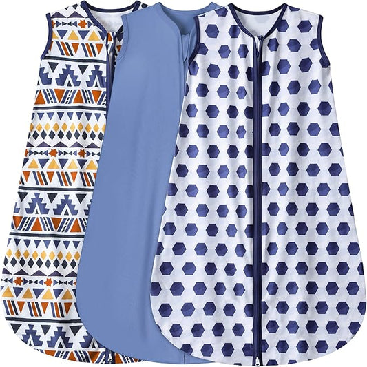 3 Pack Baby Sleep Sack 100% Rayon Cotton Baby Sleeping Bag 2-Way Zipper Toddler Wearable Blankets TOG 0.3. (Soccer&Triangles&Blue, 12-18 Months)