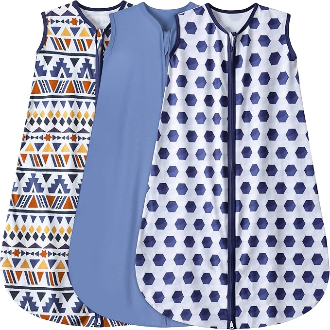 3 Pack Baby Sleep Sack 100% Rayon Cotton Baby Sleeping Bag 2-Way Zipper Toddler Wearable Blankets TOG 0.3. (Soccer&Triangles&Blue, 0-6 Months)
