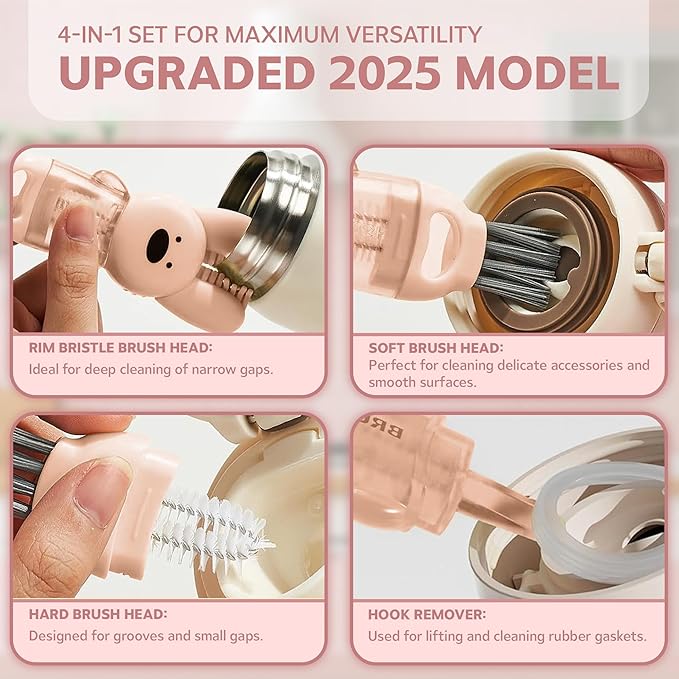 Cup Lid Cleaning Brush, Multifunctional Set with 3 in 1 Lid Cleaner and Two 4 in 1 Cup Lid Cleaning Brushes, Cleaning Brush Tool for Bottles, Straws, Tumblers, Travel Mug Caps, Portable Kit (Pink)