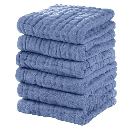 Muslin Baby Washcloths 6 Pack, 100% Cotton Wash Cloths for Babies, Large 12''X12'' Burp Cloths Absorbent and Soft for Newborn Infants Kids Boys Girls - Sapphire Blue