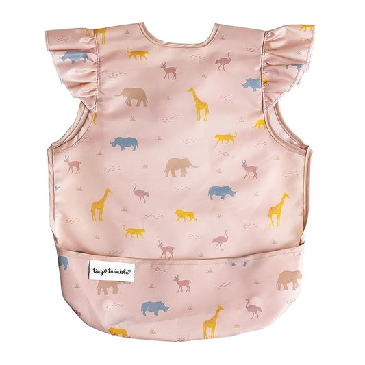 Tiny Twinkle Short Sleeve Apron Baby & Toddler Bib for Girls – Waterproof, Mess-Proof Bibs for Eating & Feeding, Machine Washable,Perfect Holiday Gift (Petite Safari, 6–24M)