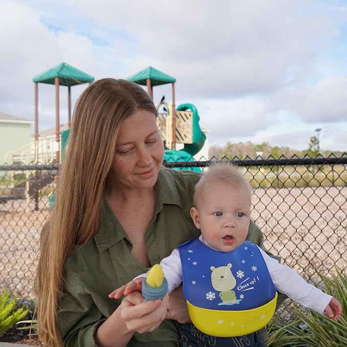 Silicone Baby Bibs Unisex, Self-Feeding, Catch-all Large Pocket, 6-48 months, BPA-Phthalate Free, w/Travel Case