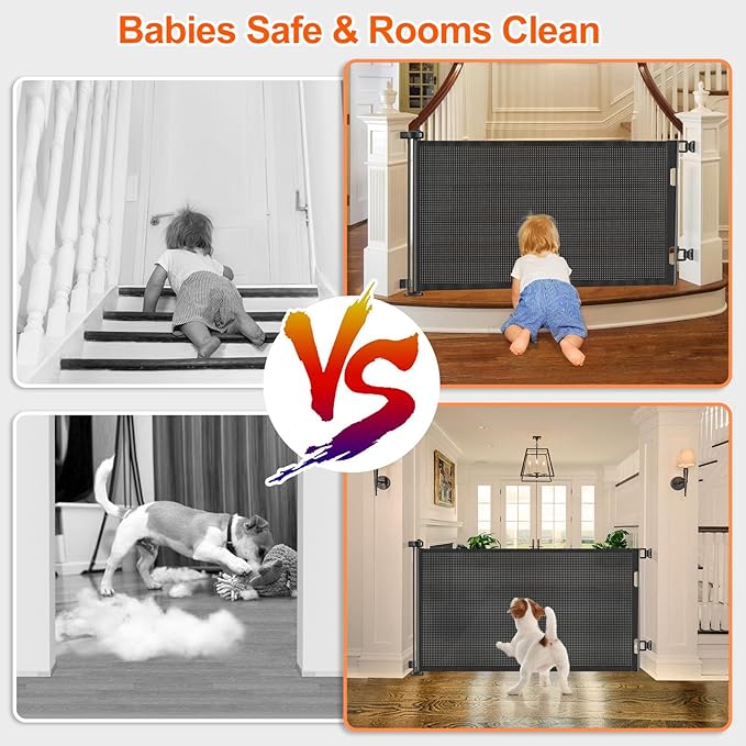 55 inch Retractable Baby Gates, EZIGO Extra Wide Baby Gate for Large Opening Extra Long Mesh Gate for Kids or Pet Dog Gate Child Safety Gate for Stairs Hallways Doorway Indoor Outdoor, Black