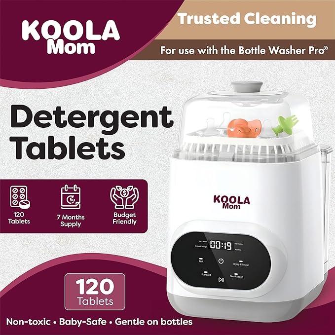 KOOLAMom Baby Bottle Washer Detergent Tablets For Momcozy Baby Breeza & All Bottle Washers - Removes Milk Film & Odor - Non-Toxic, Fragrance-Free Cleaner for Bottles & Pump Parts - 120 Count